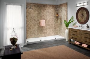 A large walk-in shower in a remodeled bathroom.